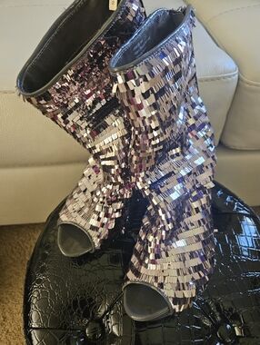 Dereon Pink Sequin Peep-Toe Ankle Booties